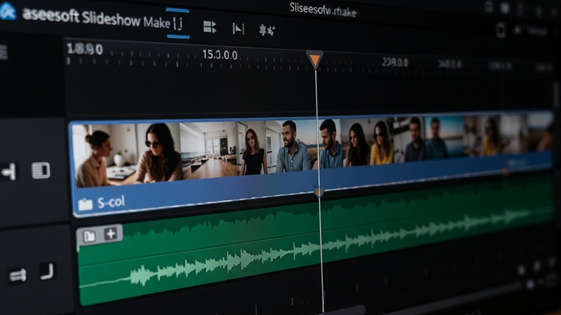 Aiseesoft Slideshow Maker 多轨道时间轴编辑界面特写,画面展示照片轨与音频轨的对齐状态,时间轴上有清晰的转场标记点,背景为深色编辑界面,突出专业感与操作细节