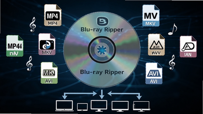 一张蓝光光盘悬浮在画面中央,周围环绕着 MP4、MKV、AVI 等视频格式图标和音乐符号,背景是深蓝色科技感渐变,光盘表面反射出 Aiseesoft Blu-ray Ripper 字样,画面下方有转换箭头指向多种设备图标,整体呈现数字化转换的视觉概念。