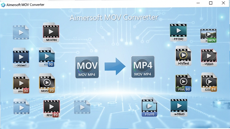 Aimersoft MOV Converter 软件主界面展示,多个视频格式图标环绕排列,中央是 MOV 转 MP4 的转换箭头,背景为简洁的浅蓝色科技风格,画面清晰明亮