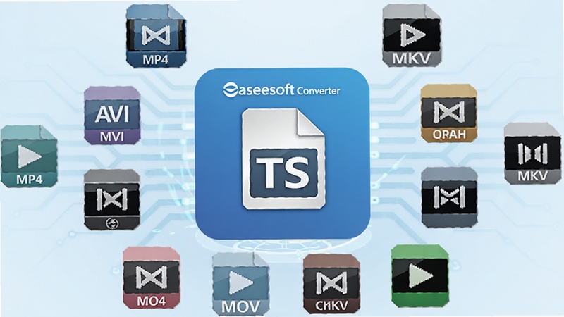 Aiseesoft MPEG TS Converter软件图标与多种视频格式图标环绕排列,中央为TS文件图标,四周是MP4、AVI、MOV、MKV等格式标识,背景为浅蓝色科技感线条,突出格式转换的多样性,画面清晰明亮
