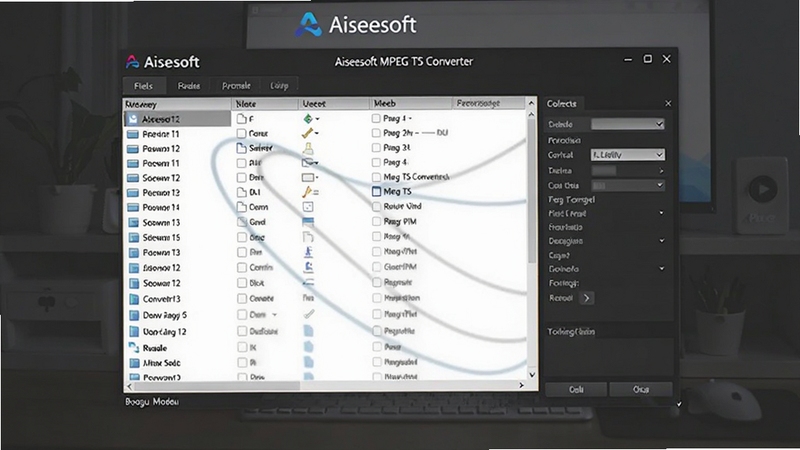 画面主体为Aiseesoft MPEG TS Converter软件界面位于中央,左侧为文件列表,右侧为格式选择面板,背景为深灰色渐变,顶部有软件Logo,整体呈现专业视频转换工具的工作场景,适配Boogu模型生成