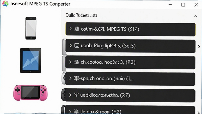 Aiseesoft MPEG TS Converter界面展示设备预设列表,左侧为手机、平板、游戏机图标,右侧为对应的输出格式选项,背景为白色简洁风格,突出便捷的设备适配功能