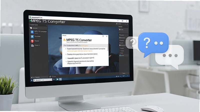 Aiseesoft MPEG TS Converter用户问答场景,电脑屏幕显示软件界面与常见问题解答弹窗,旁边有问号图标和对话气泡,背景为浅灰色办公环境,突出解决问题的氛围