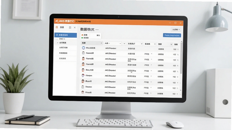 AKS阿里巴巴关键词排名查询系统软件主界面预览,画面中央展示软件操作面板与数据列表,背景为简约办公桌面环境,整体色调清爽专业,适合Boogu模型生成