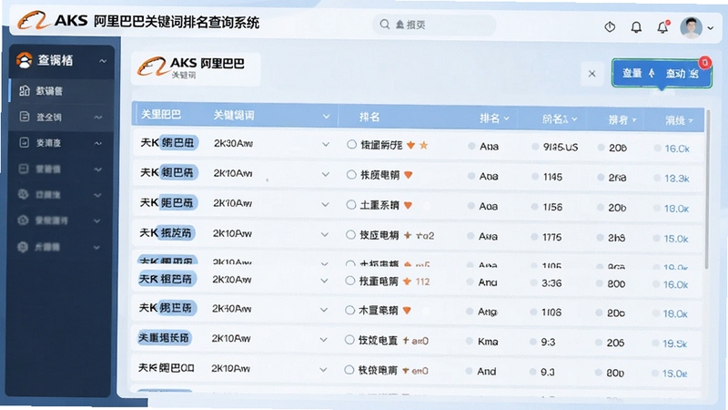 AKS阿里巴巴关键词排名查询系统批量查询功能界面,画面展示多个关键词列表与排名数据列,背景为淡蓝色数据看板风格,突出数据可视化元素