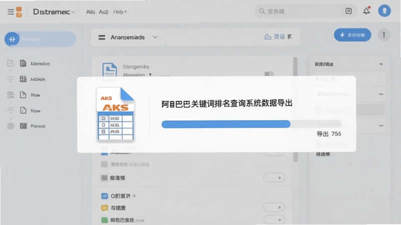 AKS阿里巴巴关键词排名查询系统数据导出界面,画面展示表格文件图标与导出进度条,背景为简洁的文档管理风格,色调柔和