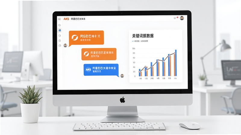 AKS阿里巴巴关键词排名查询系统问答场景示意图,画面展示电脑屏幕上的问答对话气泡与关键词数据图表,背景为浅灰色办公环境,风格简洁明快