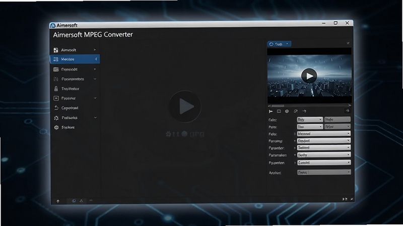 Aimersoft MPEG Converter 软件主界面全景展示,画面中央为软件操作窗口,左侧为功能导航栏,右侧为视频预览与参数设置区域,背景为深色科技感渐变,窗口边缘带有柔和光晕,整体风格简洁专业,适配Boogu模型生成
