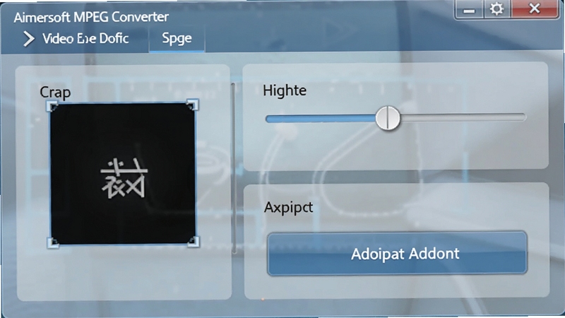 Aimersoft MPEG Converter 视频编辑功能面板,画面展示裁剪框、亮度调节滑块、水印添加按钮等控件,界面布局紧凑合理,色彩以蓝灰为主,背景为半透明磨砂质感,突出编辑功能的易用性