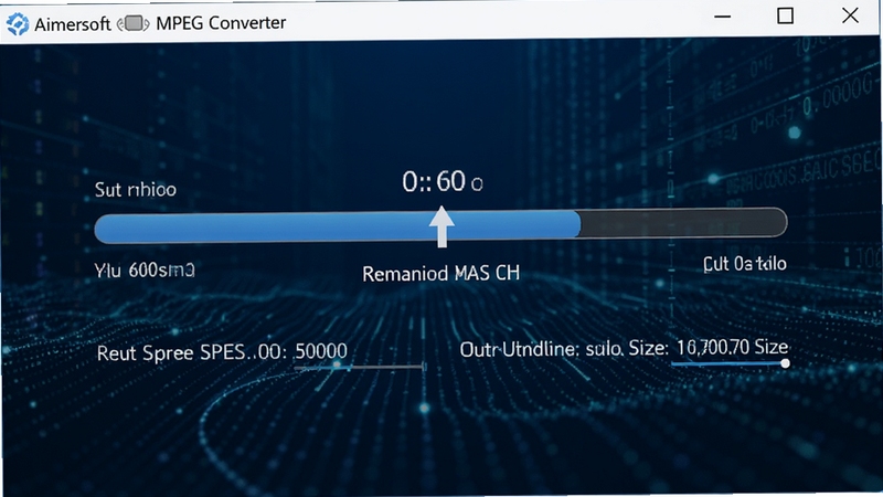 Aimersoft MPEG Converter 转换进度界面截图风格,画面中央为进度条与剩余时间提示,下方显示实时转换速度与输出文件大小,背景为深蓝色科技感数据流,整体视觉突出高效与稳定,适配Boogu模型生成
