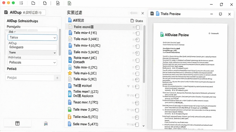 AllDup 实时过滤与预览功能展示,画面左侧为过滤条件输入框,右侧为文件预览窗口显示文档内容,中间是筛选后的文件列表,背景为干净的白色工作区,整体布局紧凑高效