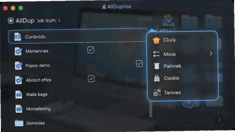 AllDup 文件处理操作面板,画面展示一组文件列表被勾选,旁边弹出操作菜单包含删除、移动、硬链接等选项,背景为深色半透明毛玻璃效果,界面元素带有圆角和高亮边框,体现灵活安全的文件管理方式
