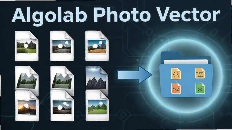 Algolab Photo Vector 批量转换工作流展示,画面中多个图片文件图标排列整齐,箭头指向一个矢量图形文件夹,背景带有科技感浅蓝色光晕,突出软件名称字样,适配Boogu模型生成