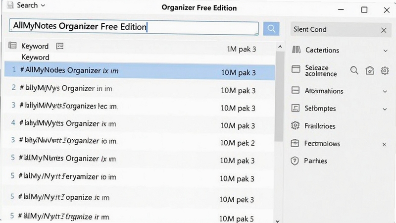 AllMyNotes Organizer Free Edition 搜索框输入关键词 结果列表高亮显示 筛选条件面板 浅色主题 软件功能截图
