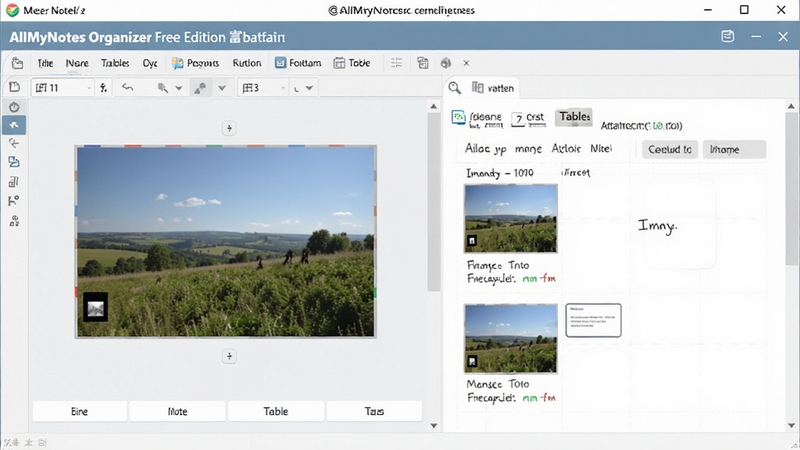AllMyNotes Organizer Free Edition 富文本编辑器 插入图片和表格 笔记内容包含文字图片附件 明亮界面 软件操作截图