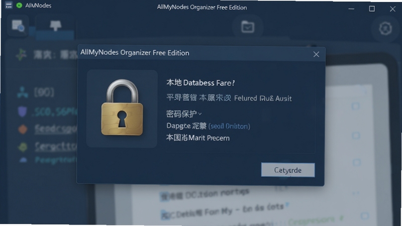 AllMyNotes Organizer Free Edition 密码保护对话框 加密锁图标 本地数据库安全设置 深蓝色调 软件界面截图