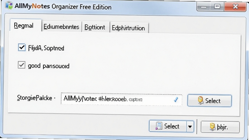 AllMyNotes Organizer Free Edition 选项设置窗口 常规标签页 开机启动复选框 存储路径选择按钮 浅灰色界面 软件截图