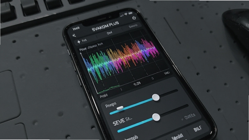 SVAKOM PLUS 自定义模式编辑界面,手机屏幕显示彩色波形曲线编辑区,下方有频率与强度调节滑块,背景为深灰色工作台,画面风格专业且富有科技感,体现高度可定制的特点