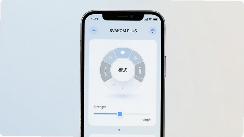 SVAKOM PLUS 应用主界面展示图,画面中央为手机屏幕,屏幕内呈现简洁现代的操控面板,包含模式选择圆盘与强度滑动条,背景为柔和的浅色渐变,整体风格干净清爽,突出智能科技感与易用性
