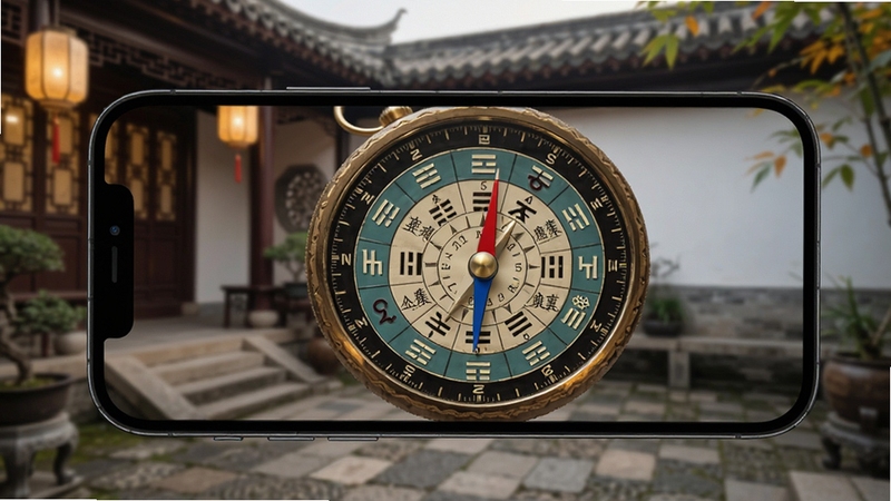 手机屏幕展示精准罗盘指南针的风水罗盘模式,表盘上清晰呈现二十四山与八卦符号,背景为古色古香的中式庭院一角,光线柔和,画面带有传统文化氛围,体现精准罗盘指南针在风水场景下的应用