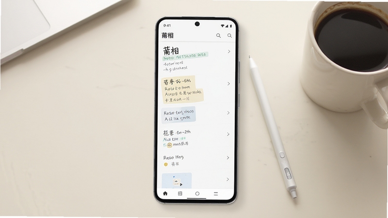 一款名为莆相的安卓手机笔记软件界面展示,画面主体为居中显示的浅色系极简笔记列表,背景为柔和的米白色书桌桌面,旁边放置一支触控笔和一杯咖啡,整体光线明亮柔和,突出移动端效率工具的轻盈感与专注感