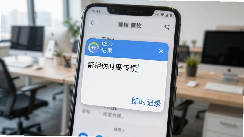 一部安卓手机屏幕特写,屏幕上显示莆相软件的快速记录悬浮窗,悬浮窗内文字正在输入,背景是模糊的办公场景,画面光线明亮,突出高效与即时记录的科技感,软件名称为莆相