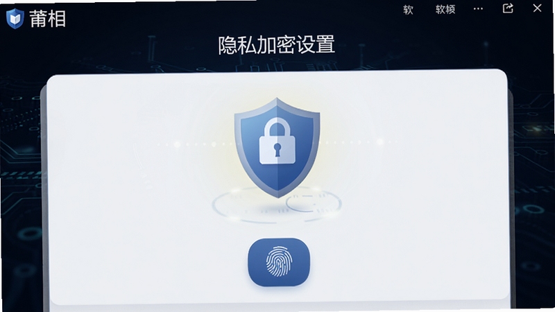 莆相软件的隐私加密设置页面,画面主体为一个带有盾牌图标和指纹识别按钮的界面,背景为深色系科技感背景,光线聚焦在盾牌图标上,传达出安全与可靠的视觉感受,软件名称为莆相
