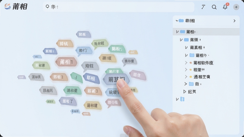 莆相软件内部的标签管理界面,画面主体为色彩柔和的标签云和树状目录结构,背景为干净的浅蓝色渐变,手指正在点击其中一个标签,整体画面呈现出现代化与秩序感,软件名称为莆相