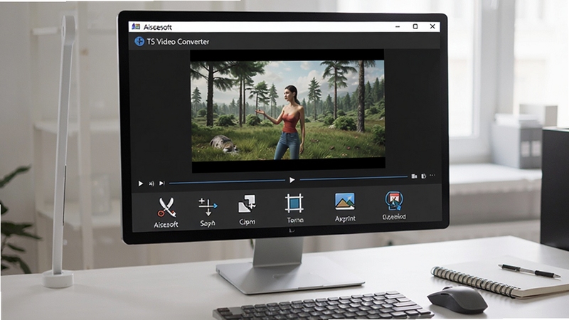 画面展示 Aiseesoft TS Video Converter 的编辑界面,屏幕上有视频预览窗口,下方排列着剪切、合并、裁剪、水印等工具图标。背景是整洁的办公桌面,有鼠标与笔记本,光线自然。整体风格为实用工具风,突出软件的编辑功能。