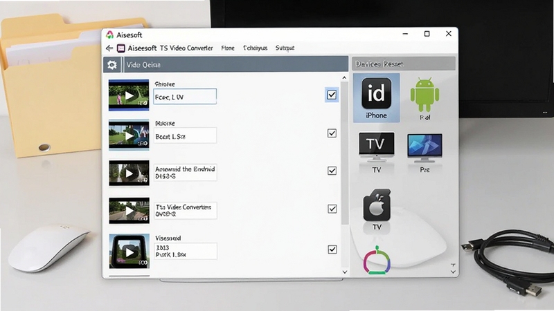 画面中 Aiseesoft TS Video Converter 界面显示多个视频文件列表,每个文件旁有勾选框,右侧是设备预设选项如iPhone、Android、TV等图标。背景为浅灰色工作台,有文件夹与数据线,体现批量处理与个性化输出。整体风格简洁高效。