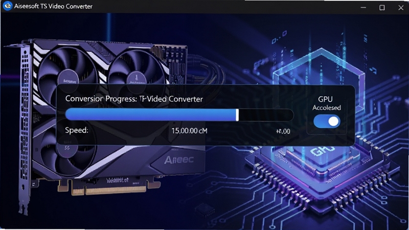 画面展示 Aiseesoft TS Video Converter 软件界面,屏幕中央是转换进度条与速度显示,旁边有GPU加速开关图标。背景是电脑硬件如显卡、CPU的抽象图形,强调硬件加速功能。整体风格科技感,色彩以蓝紫为主,突出速度提升。