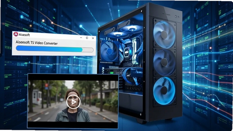 画面中央是一台高速运转的电脑主机,旁边显示 Aiseesoft TS Video Converter 的转换进度条飞速前进,背景是数据流与光线效果,象征高速转换。画面前景放置一个高清视频画面,画质清晰锐利,突出无损画质特点。整体风格充满动感与科技感。