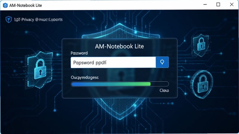 AM-Notebook Lite 安全加密设置界面,画面中央为密码输入框与加密进度条,背景为深蓝色调的数字安全主题,突出隐私保护氛围