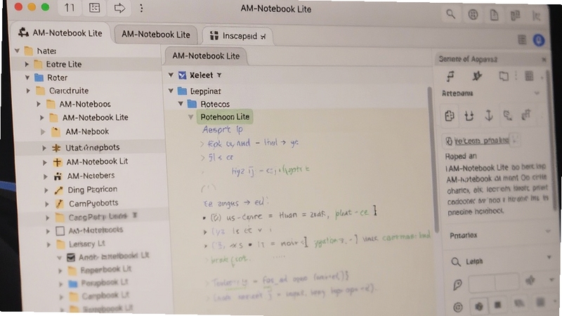 AM-Notebook Lite 多标签编辑界面特写,屏幕中显示树状目录与多个笔记标签页,画面右侧为富文本工具栏,整体色调柔和,突出高效整理氛围