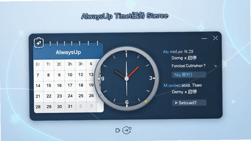 AlwaysUp 定时任务设置界面的概念图,画面主体为日历与时钟组合的定时配置面板,背景为淡蓝色渐变,展示 alwaysup 的定时启停功能