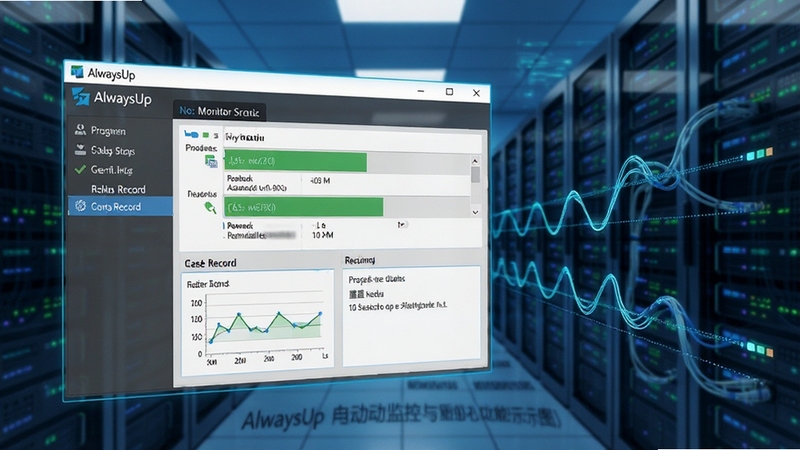 AlwaysUp 自动监控与重启功能的示意图,画面主体为软件监控面板显示程序运行状态与重启记录,背景为服务器机房的抽象线条,体现 alwaysup 的稳定守护特性