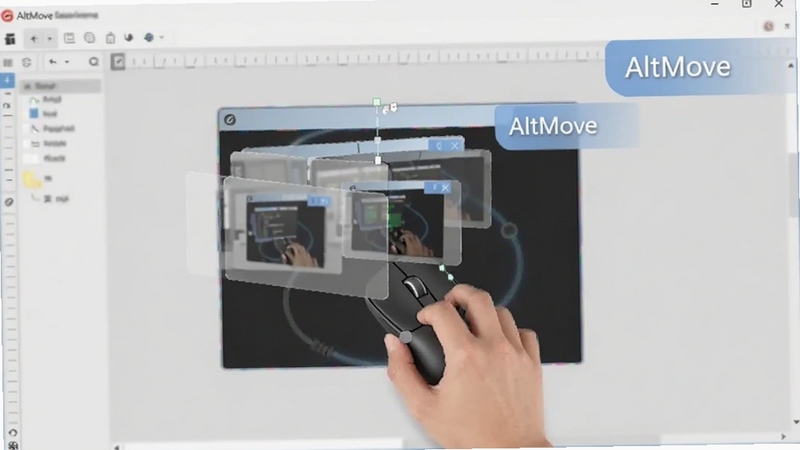 AltMove鼠标拖拽增强功能示意图,画面展示一只手握住鼠标拖拽窗口,窗口边缘出现半透明的分屏预览框,屏幕背景为浅灰色工作区,软件名称AltMove以悬浮标签形式出现在窗口角落