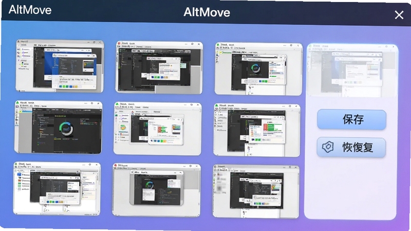 AltMove窗口布局记忆功能概念图,画面中多个不同软件的窗口被整齐排列并保存为布局方案,界面显示保存与恢复按钮,背景为柔和的蓝紫色渐变,软件名称AltMove出现在界面顶部