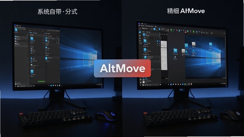 AltMove跨显示器窗口移动效果对比图,画面左侧为系统自带分屏效果,右侧为AltMove实现的精细分屏与跨屏移动效果,背景为深色桌面环境,软件名称AltMove以对比标签形式标注在画面中央