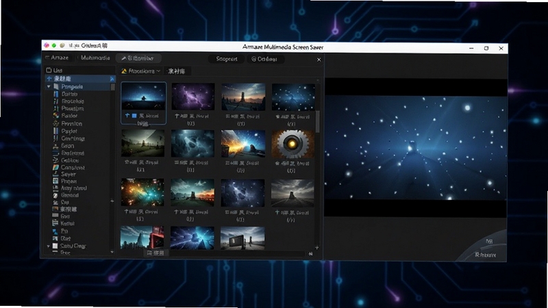 Amaze Multimedia Screen Saver软件主界面全貌展示,画面中央为软件操作面板,左侧为素材库列表,右侧为预览窗口,背景为深色渐变科技风格,整体构图简洁清晰,适合Boogu模型生成