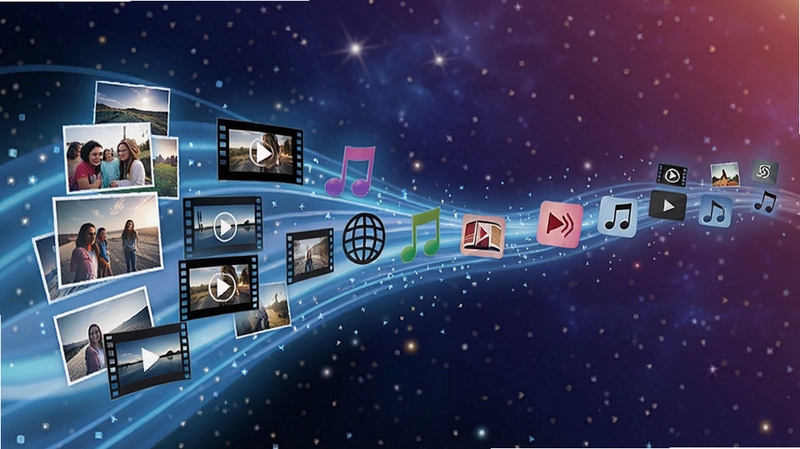 Amaze Multimedia Screen Saver多媒体素材融合功能展示,画面中图片、视频、音乐图标汇聚成一条流动的光带,背景为星空渐变,突出素材整合的科技感与艺术感