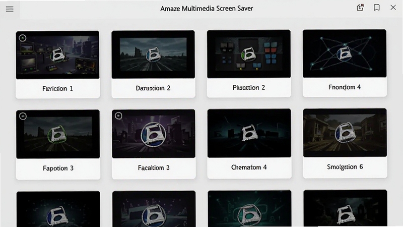Amaze Multimedia Screen Saver个性化配置界面,画面展示多个屏保方案卡片以网格形式排列,每张卡片配有缩略预览图与名称标签,背景为浅灰色极简风格