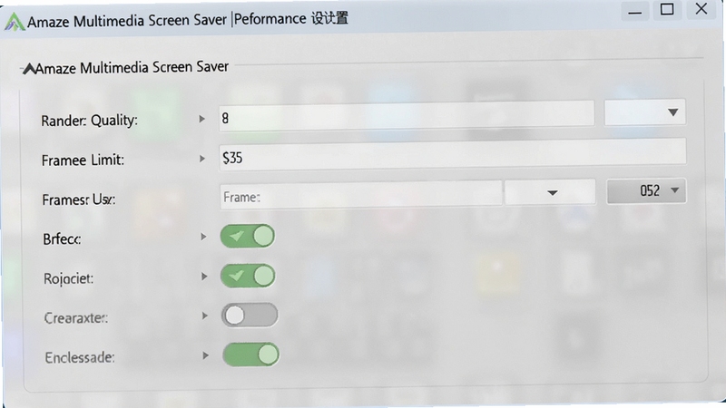 Amaze Multimedia Screen Saver性能设置面板截图,画面展示渲染质量、帧率限制、特效开关等选项,界面简洁直观,背景为浅色磨砂质感