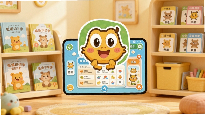 呱呱识字软件主界面全貌展示,画面中央是卡通风格的呱呱识字Logo与学习主界面,背景为柔和明亮的儿童书房场景,书架上摆放绘本和识字卡片,整体色调温暖活泼,适合Boogu模型生成