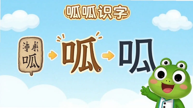 呱呱识字趣味动画识字界面,画面展示一个汉字以卡通动画形式从甲骨文演变为现代汉字的过程,旁边有可爱的呱呱识字吉祥物引导,背景为浅蓝色天空与白云,整体风格童趣明快