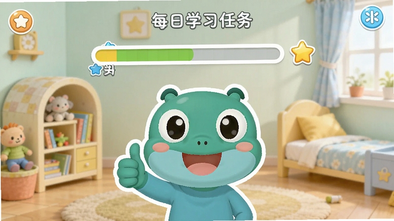 呱呱识字每日学习任务界面,画面展示任务进度条与奖励星星,界面中央有呱呱识字卡通形象竖起大拇指,背景为温馨的儿童房间,色彩柔和