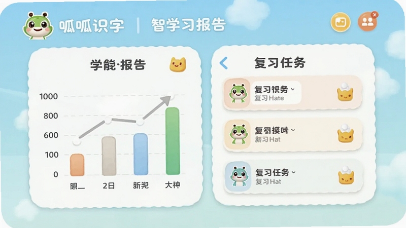 呱呱识字智能复习系统界面,画面展示学习报告图表与复习任务列表,界面采用圆润卡片式设计,配色清新柔和,有呱呱识字小图标点缀,适合Boogu模型生成