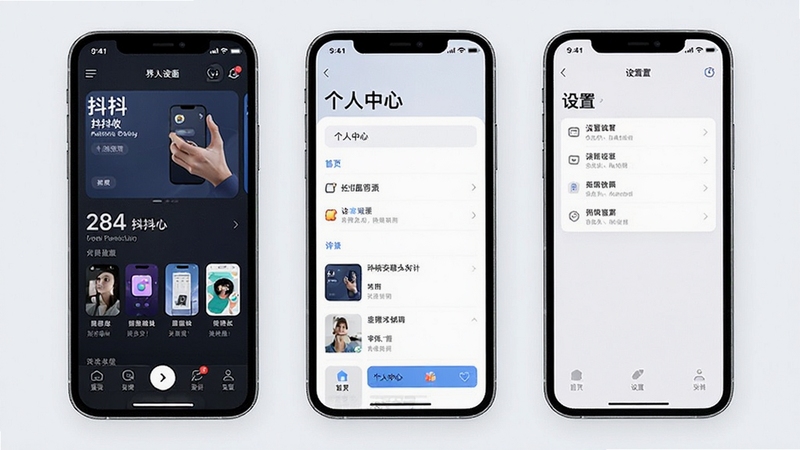 抖抖收 界面设计展示 手机屏幕 展示首页 个人中心 设置页三屏并排 背景浅色 现代UI设计风格