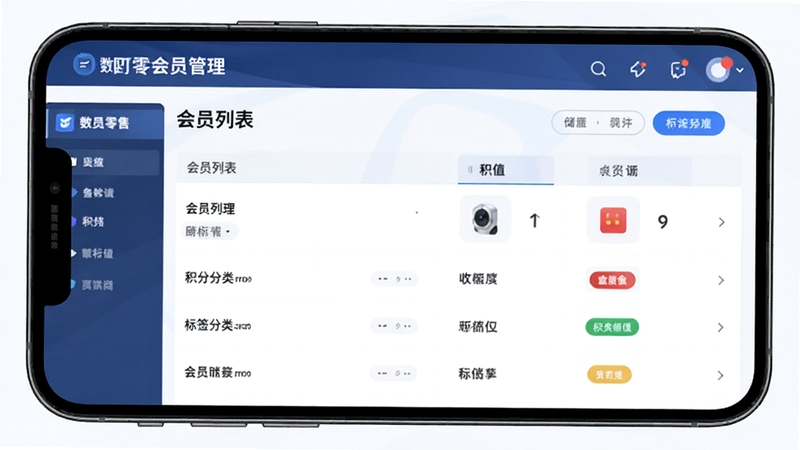 数智零售 会员管理页面 会员列表 积分 储值 标签分类 手机屏幕展示 清新商务风格