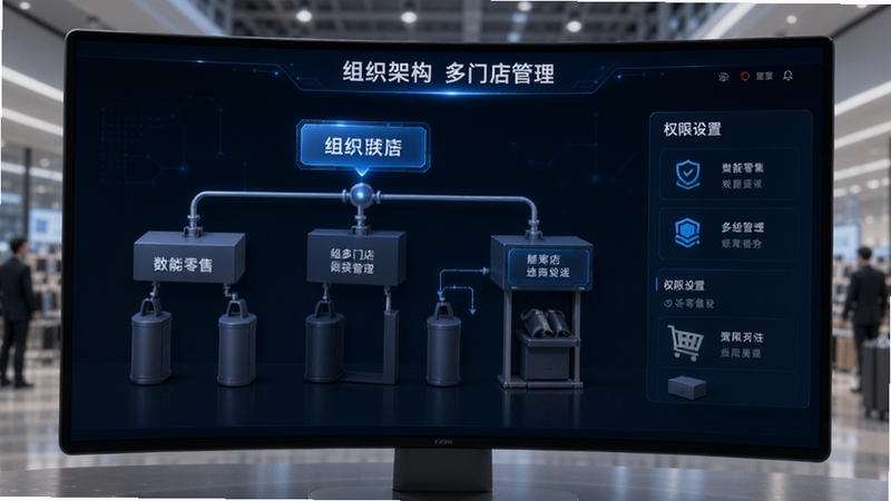 数智零售 多门店管理 组织架构 权限设置 连锁零售场景 科技感界面 专业商务风格